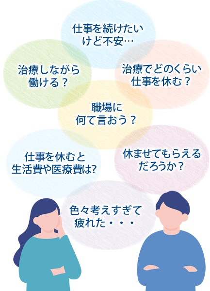 仕事を続けたいけど不安…治療しながら働ける？仕事を休むと生活費や医療費は？治療でどのくらい仕事を休む？職場に何て言おう？休ませてもらえるだろうか？色々考えすぎて疲れた・・・